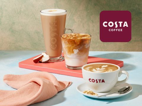 Costa Coffee promotional cover featuring coffee beans, latte art, and a warm, inviting atmosphere. Seasonal offer visible.