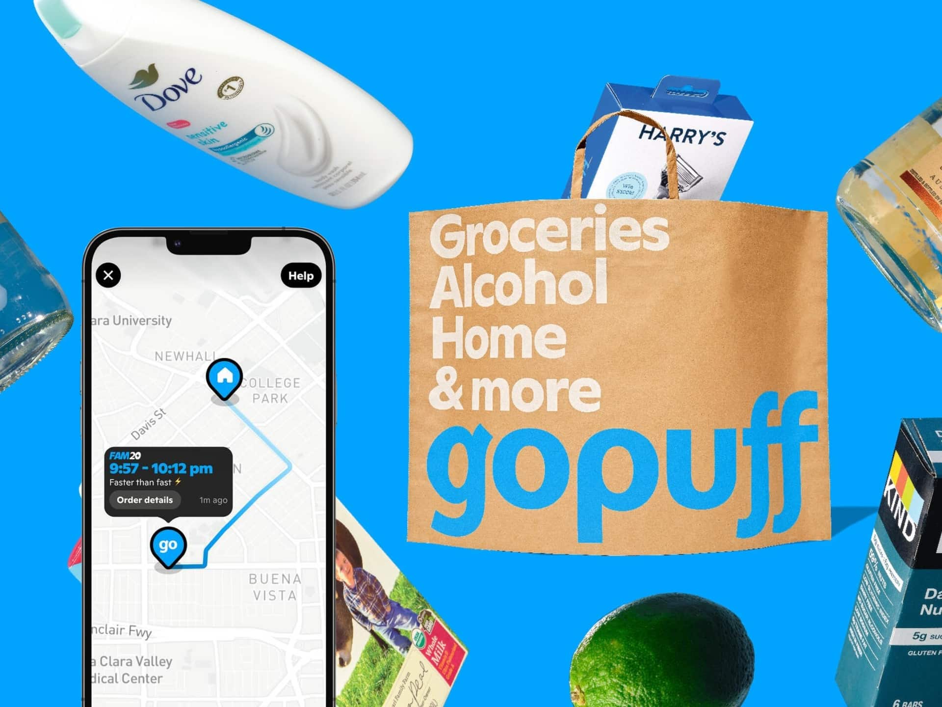 Gopuff branded delivery bag and essentials with mobile order tracking screen