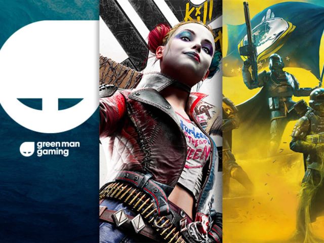 Green Man Gaming website cover art featuring a stylized green man logo, showcasing deals on PC games and software.