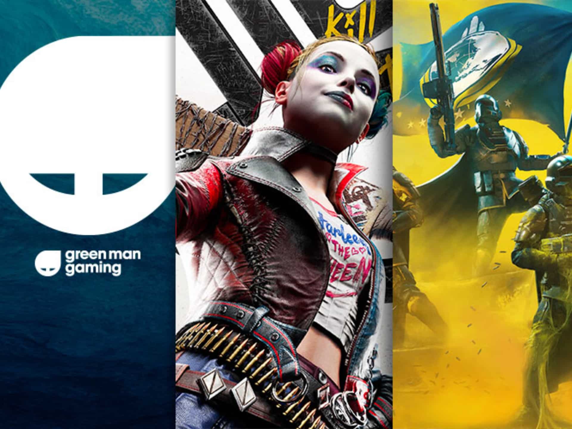 Green Man Gaming website cover art featuring a stylized green man logo, showcasing deals on PC games and software.