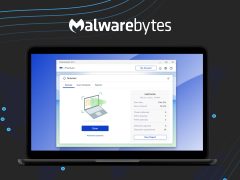 Malwarebytes logo and brand imagery, cybersecurity protection, anti-malware software, security software, digital safety.