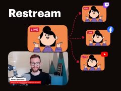 Restream.io logo and vibrant interface showcasing live streaming, broadcasting, and content sharing. High resolution image.