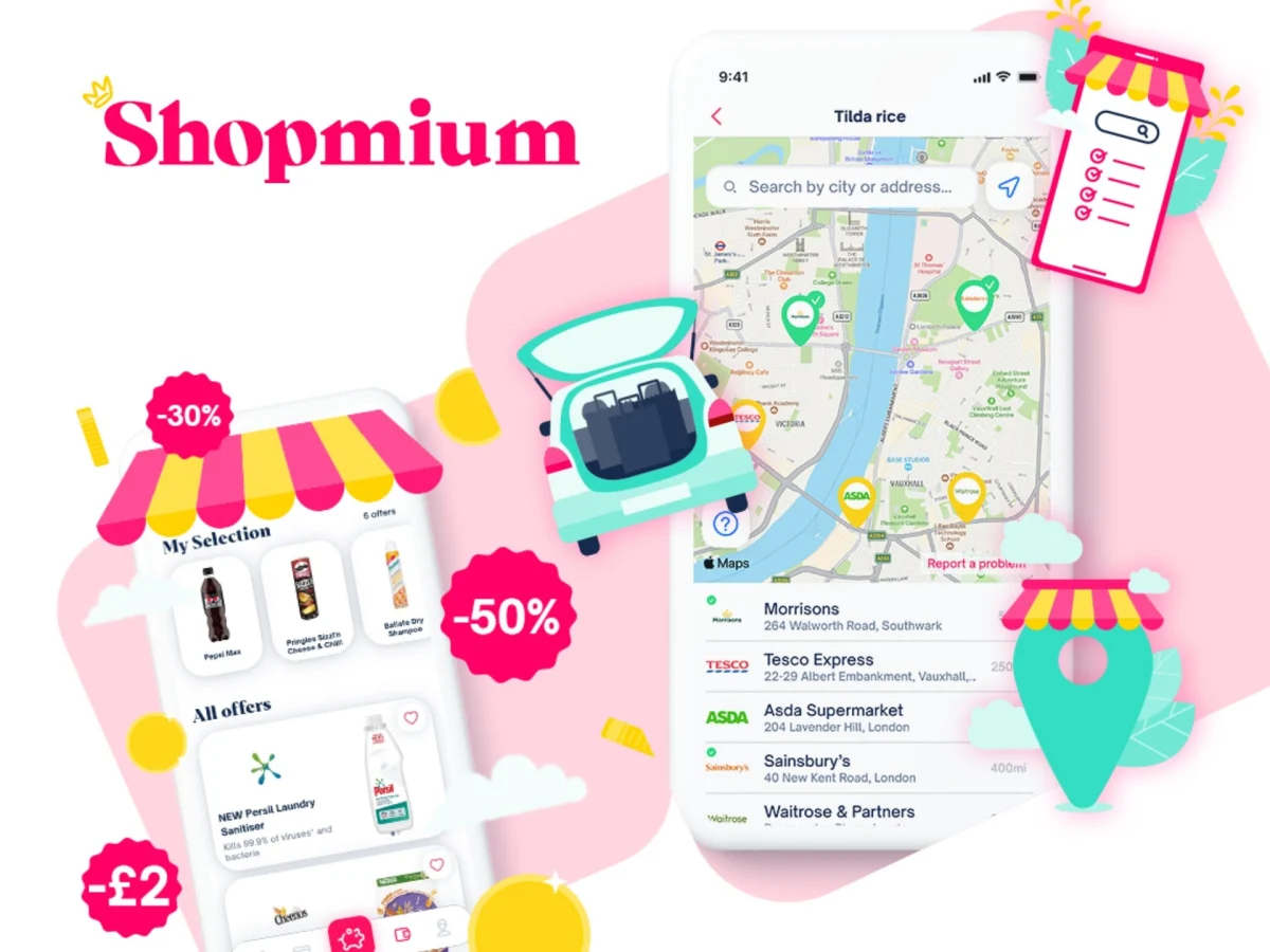 A smartphone displaying the Shopmium app interface for cashback deals, grocery savings, and exclusive supermarket offers.