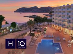H10 Hotels promotional image featuring modern hotel design, inviting atmosphere, and possibly a cityscape or landmark.