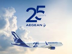 Aegean Airlines logo on a modern, stylish cover. Blue and white branding, representing travel to Greece and Europe.