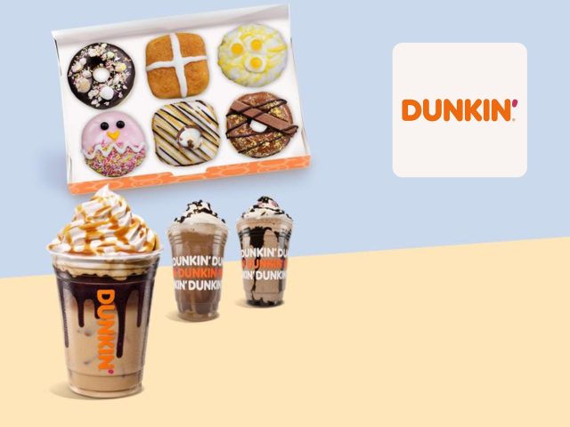 Dunkin' Donuts promotional cover featuring donuts and coffee, highlighting a special offer. Brand: Dunkin.