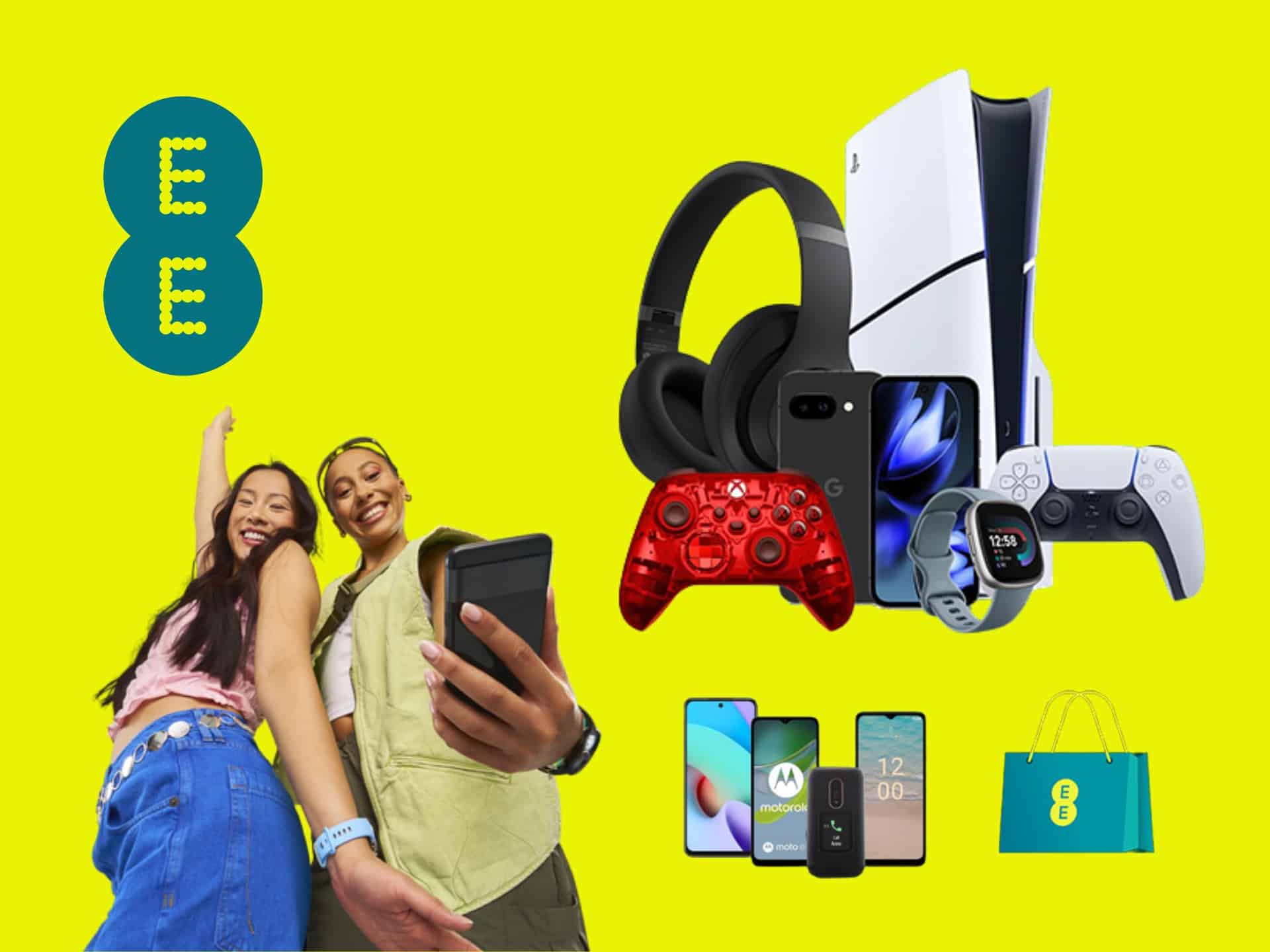 EE Tech & Gaming Deals & Discounts EE Store cover photo featuring mobile phones, tablets, and smart home devices. Great deals and savings on the latest tech.