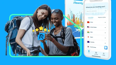 A traveller using an iRoamly eSIM on a smartphone to stay connected while exploring a scenic international destination.