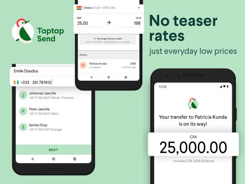 Taptap Send logo and branding, mobile app interface, money transfer, international money transfer, fast money transfer, secure money transfer, digital wallet, financial services, Taptap Send app