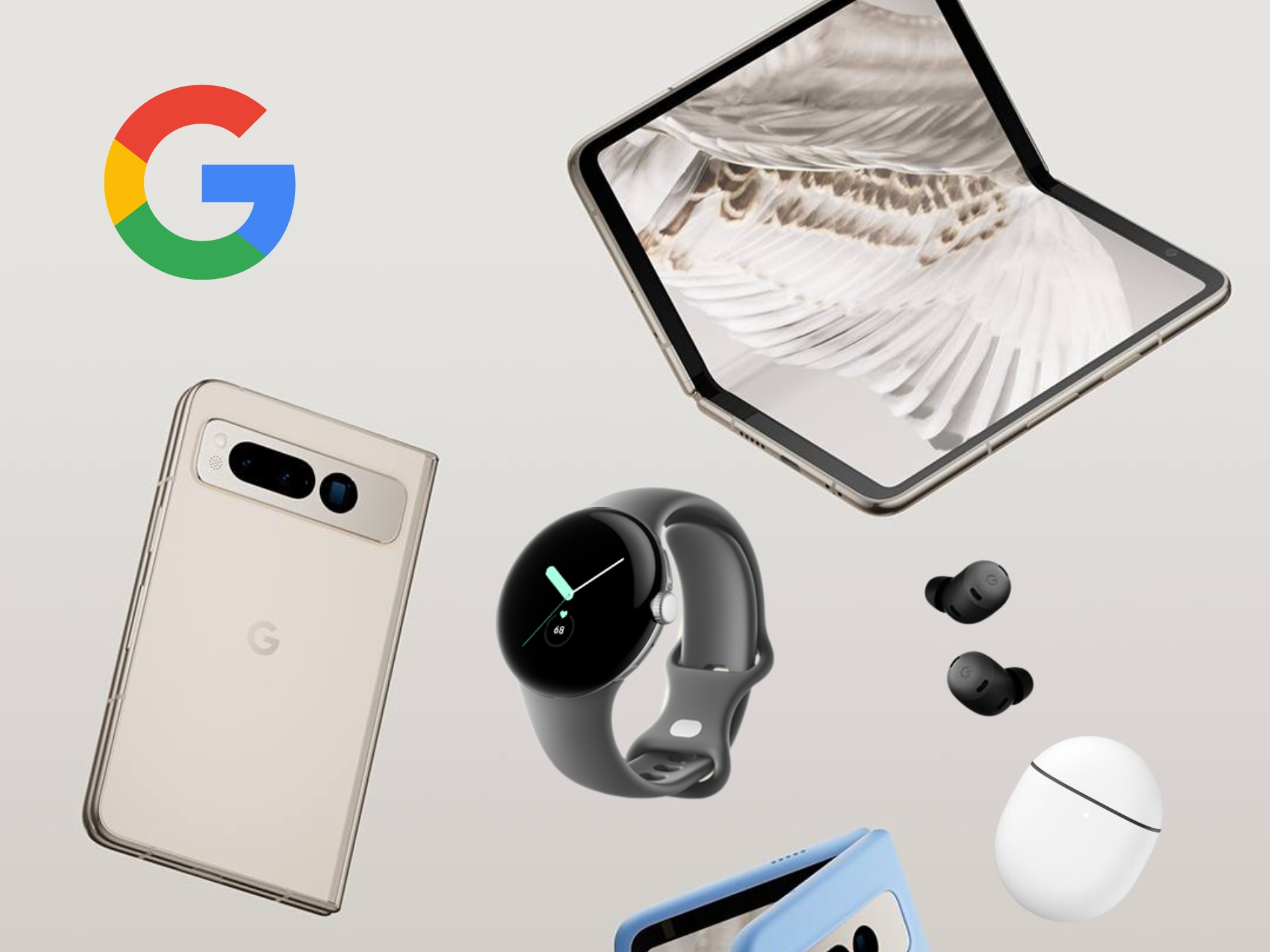 Floating product composition of Google Pixel Fold, Pixel Pro, Pixel Watch, and Pixel Buds Pro