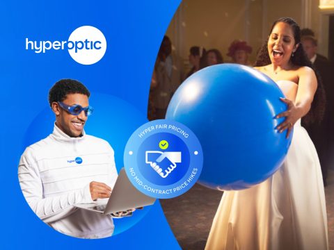 Hyperoptic broadband promotional image showcasing fast internet speeds and home connectivity. Includes logo and modern home setting.