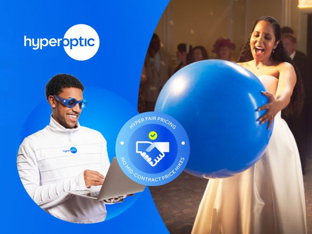 Hyperoptic broadband promotional image showcasing fast internet speeds and home connectivity. Includes logo and modern home setting.