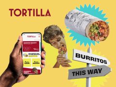 Tortilla brand promotional cover featuring vibrant design and brand logo. Food packaging, tortilla product, marketing image.