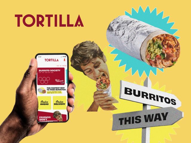 Tortilla Tortilla brand promotional cover featuring vibrant design and brand logo. Food packaging, tortilla product, marketing image.