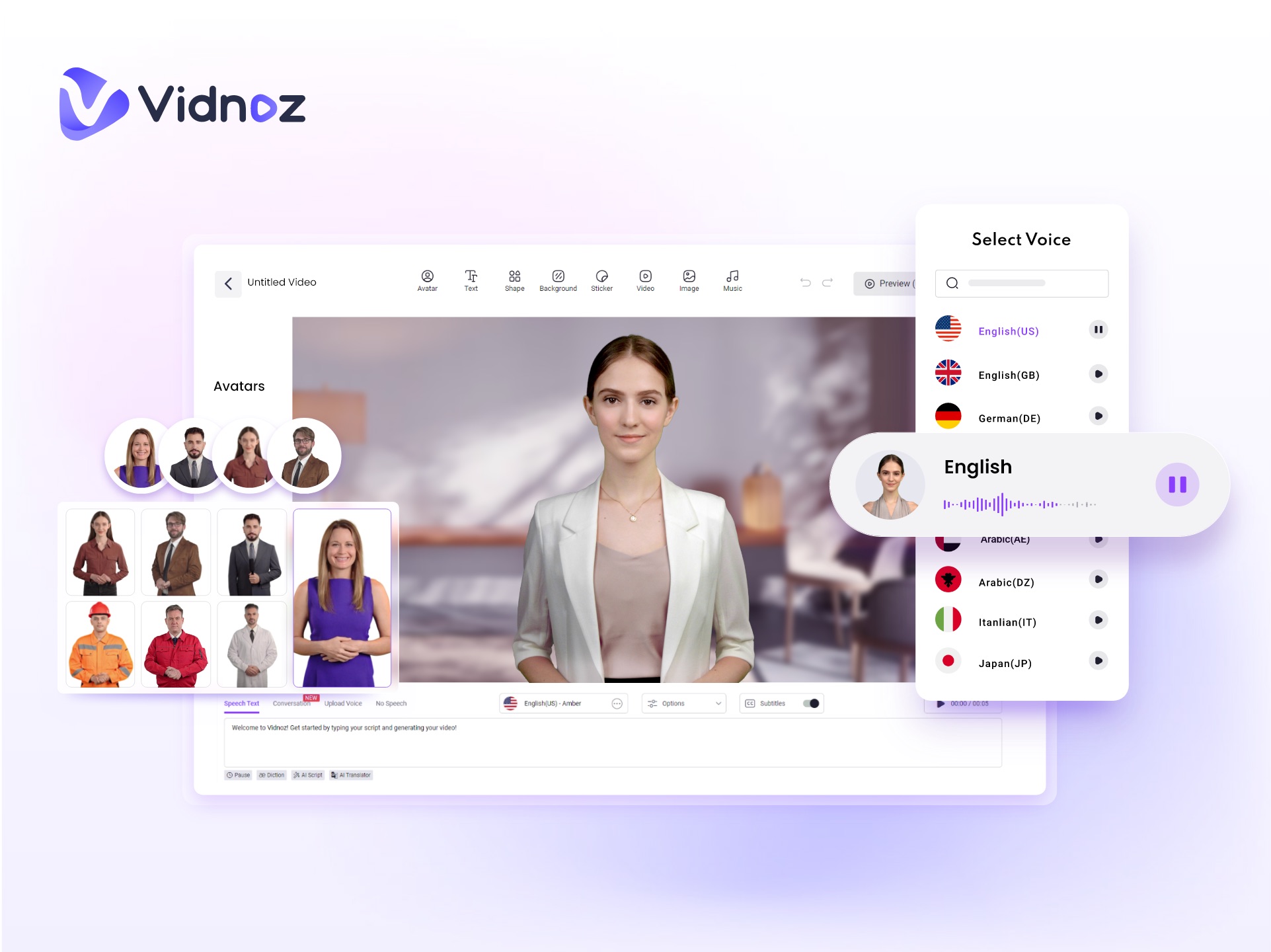 Vidnoz Discount Code Vidnoz logo and branding on a professional cover image. Stock video platform for creators.