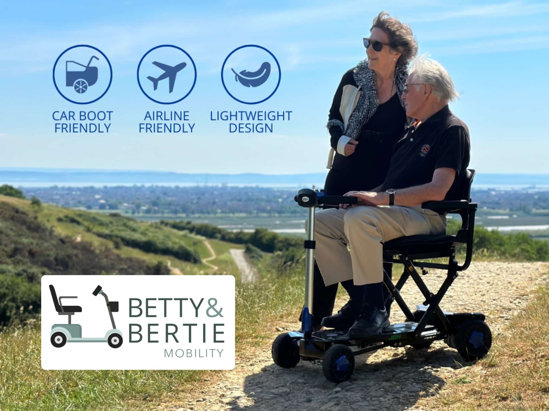 Betty and Bertie Mobility cover featuring a stylish design and brand logo. Mobility solutions for seniors and those with disabilities.