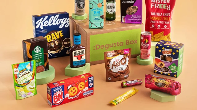 A DegustaBox subscription food hamper featuring a variety of gourmet snacks and treats for monthly home delivery.