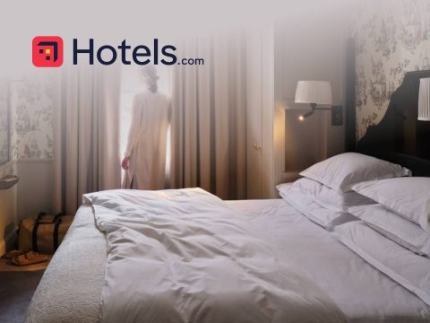 Hotels.com Luxury hotel room with a view, Hotels.com booking available. Comfortable bed, modern decor. Travel and accommodation deals.