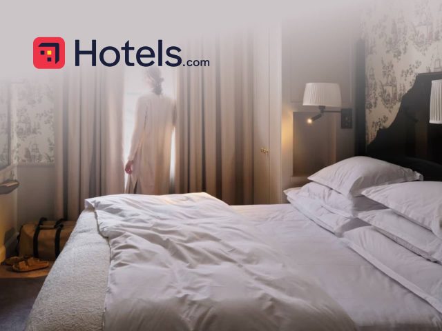 Hotels.com Luxury hotel room with a view, Hotels.com booking available. Comfortable bed, modern decor. Travel and accommodation deals.