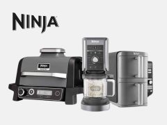 Ninja brand image, lifestyle shot showcasing kitchen appliances and a sleek design. High resolution, 1920x1440.