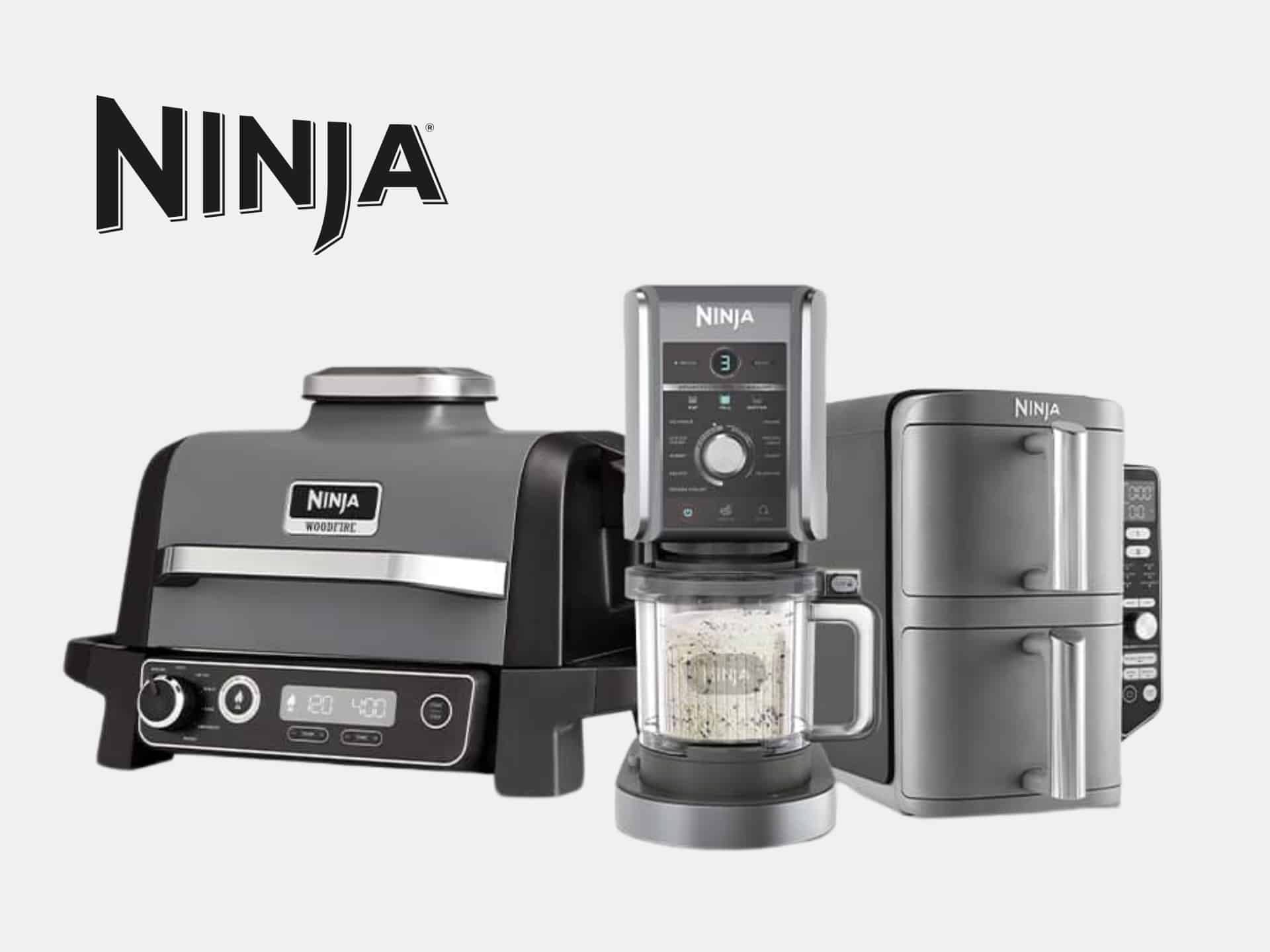 Ninja brand image, lifestyle shot showcasing kitchen appliances and a sleek design. High resolution, 1920x1440.