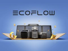 EcoFlow portable power station on a table, showcasing its design and portability. Solar power, backup power, energy storage, off-grid power, power station, portable battery, EcoFlow brand.