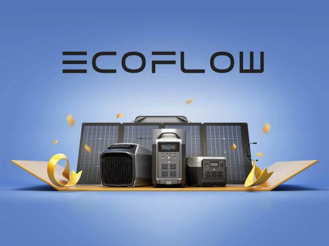 EcoFlow EcoFlow portable power station on a table, showcasing its design and portability. Solar power, backup power, energy storage, off-grid power, power station, portable battery, EcoFlow brand.