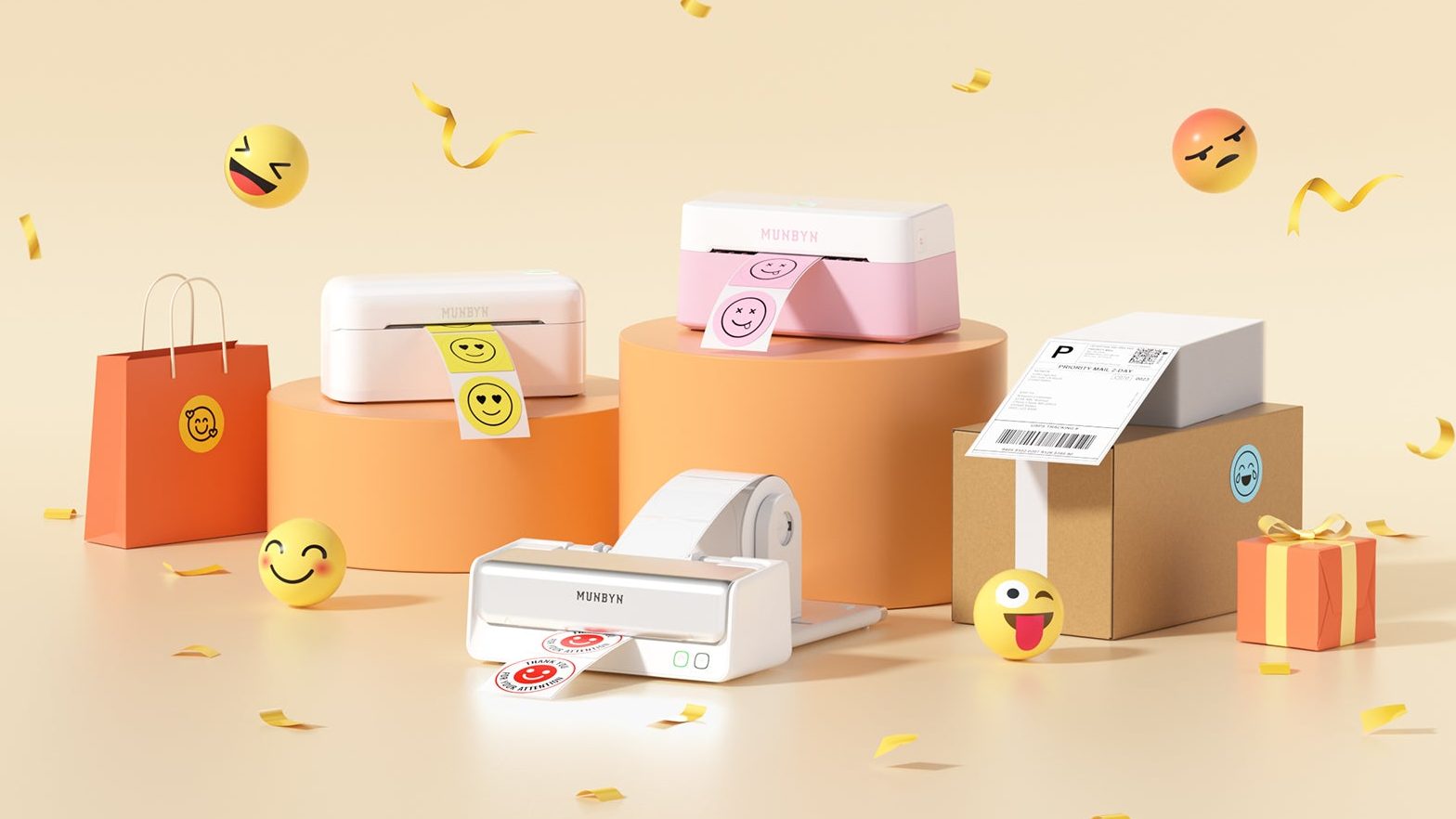 MUNBYN thermal label printer on a desk, showcasing high-quality printing for small business shipping and packaging labels.