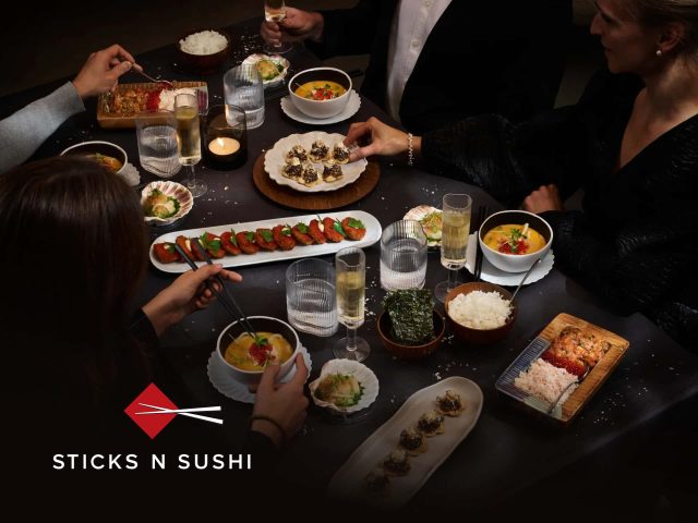 Sticks'n'Sushi restaurant exterior with modern design and sushi bar. Sushi, Japanese food, restaurant, dining.