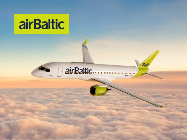 AirBaltic airplane in flight, blue sky background, travel, airline, flight, air travel, Baltic airlines, passenger plane.