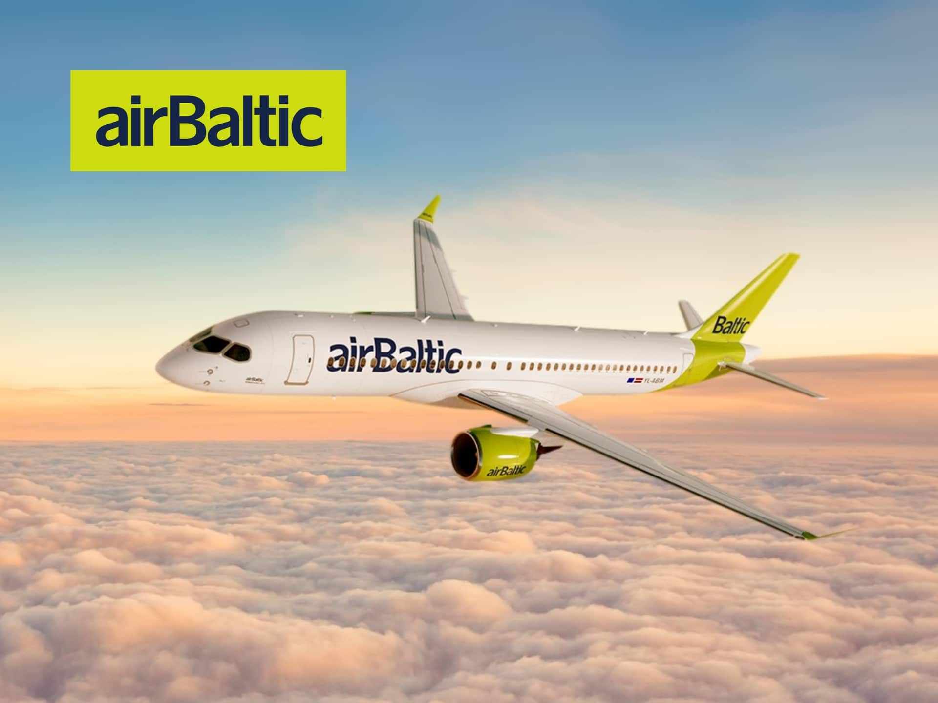 AirBaltic airplane in flight, blue sky background, travel, airline, flight, air travel, Baltic airlines, passenger plane.