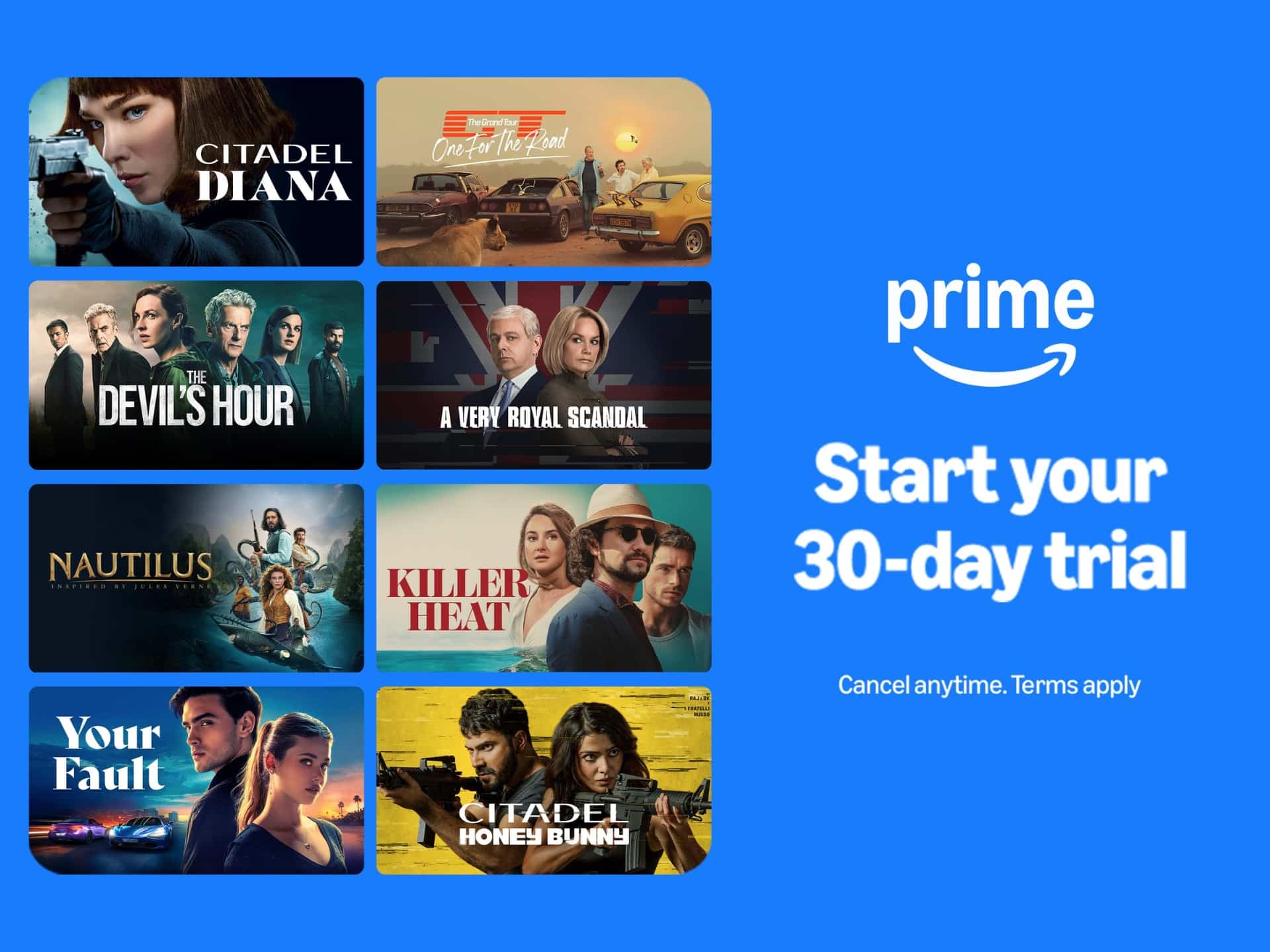 Collage of Amazon Prime Video original series posters with a 30-day trial offer on a blue background.