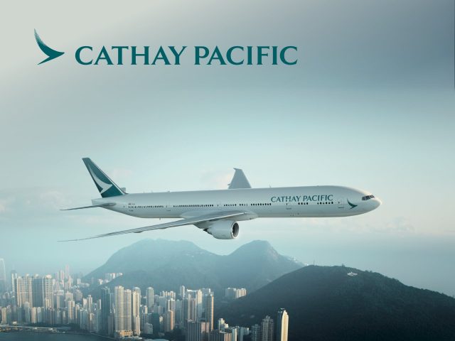 Cathay Pacific Airways cover image. Luxurious airplane interior, premium travel, Hong Kong, Asia. Airline branding, flight deals, travel promotions.