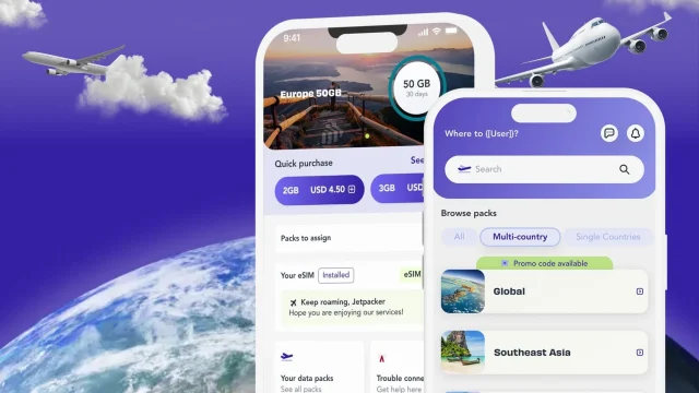 Jetpac eSIM travel data plan on a smartphone screen, showcasing affordable international roaming and data savings.