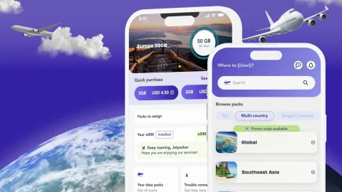 Jetpac eSIM travel data plan on a smartphone screen, showcasing affordable international roaming and data savings.