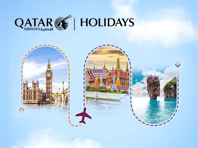 Qatar Airways Holidays Qatar Airways Holidays: Luxurious vacation destination. Desert landscape, vibrant colors, travel promotion.