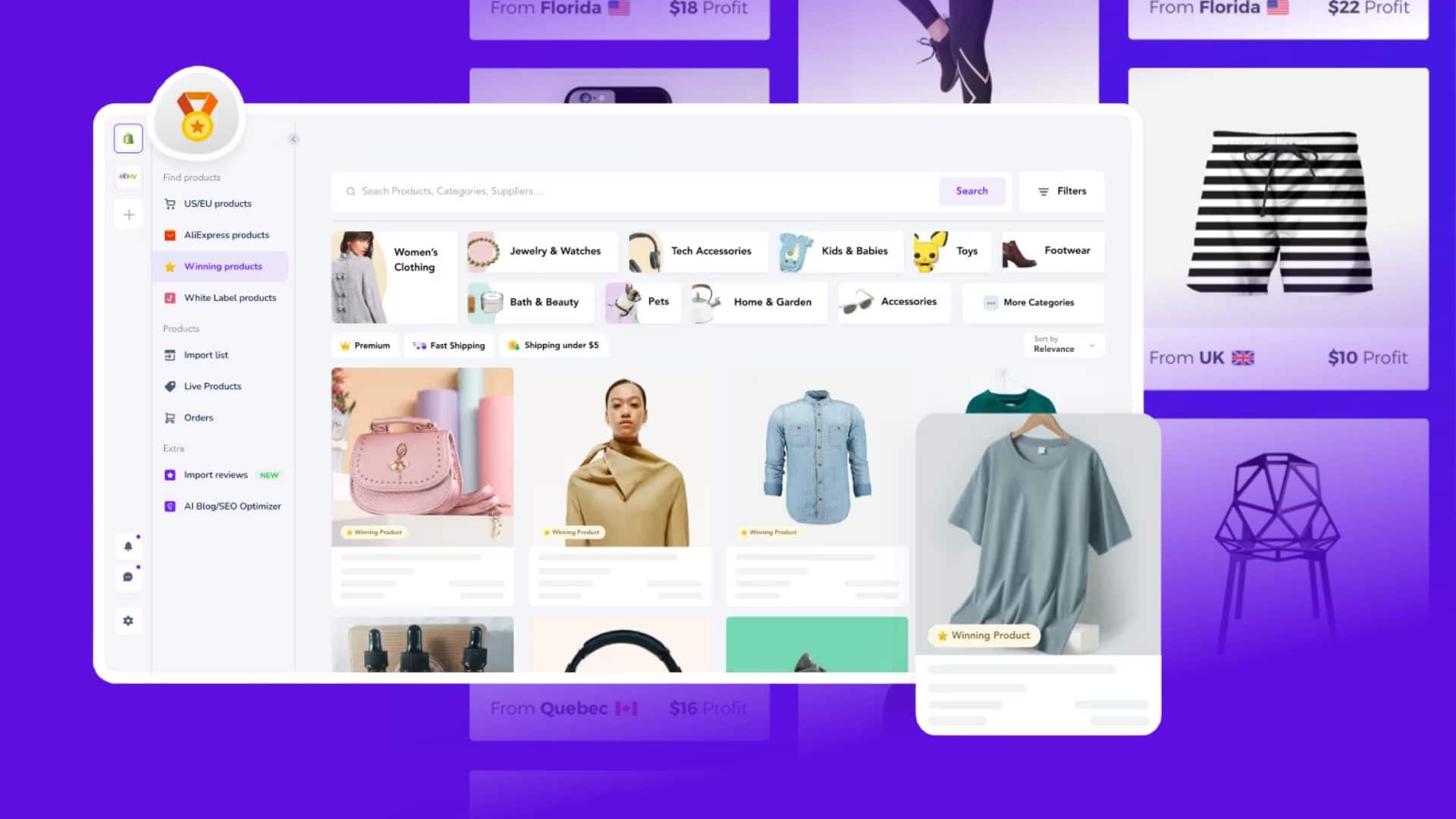Spocket dropshipping dashboard interface showing product categories and winning products for e-commerce stores.