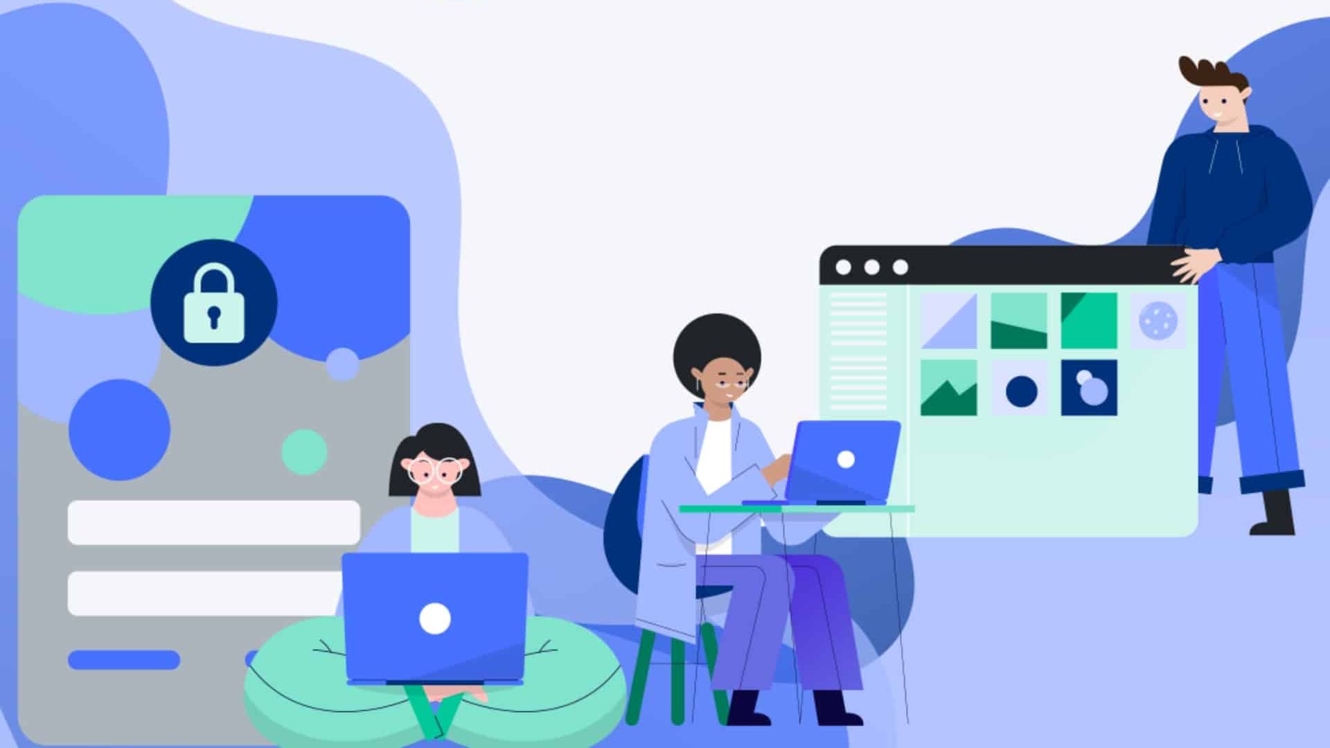 Digital illustration of professionals working on website compliance, privacy policies, and cookie consent banners.