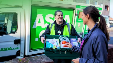 ASDA online shopping homepage banner featuring grocery deals and household savings for UK customers.