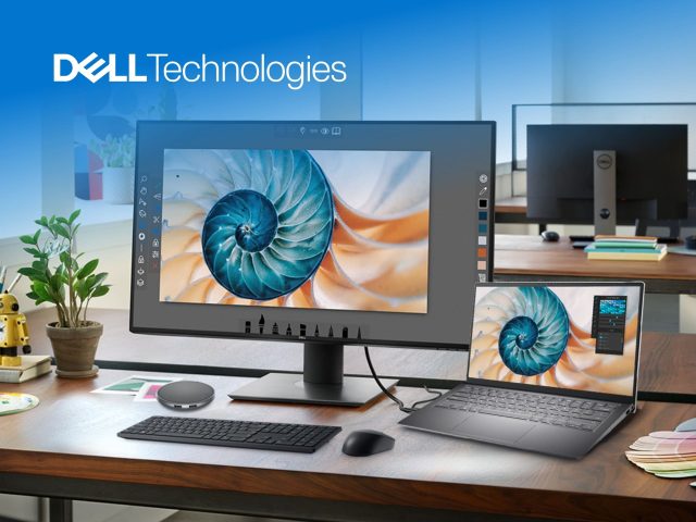 Dell laptop on a desk showcasing a modern design. Explore Dell's latest laptops, desktops, and tech deals for savings.