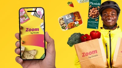 Zoom by Ocado branding featuring grocery delivery service logo for quick online shopping and food delivery in the UK.