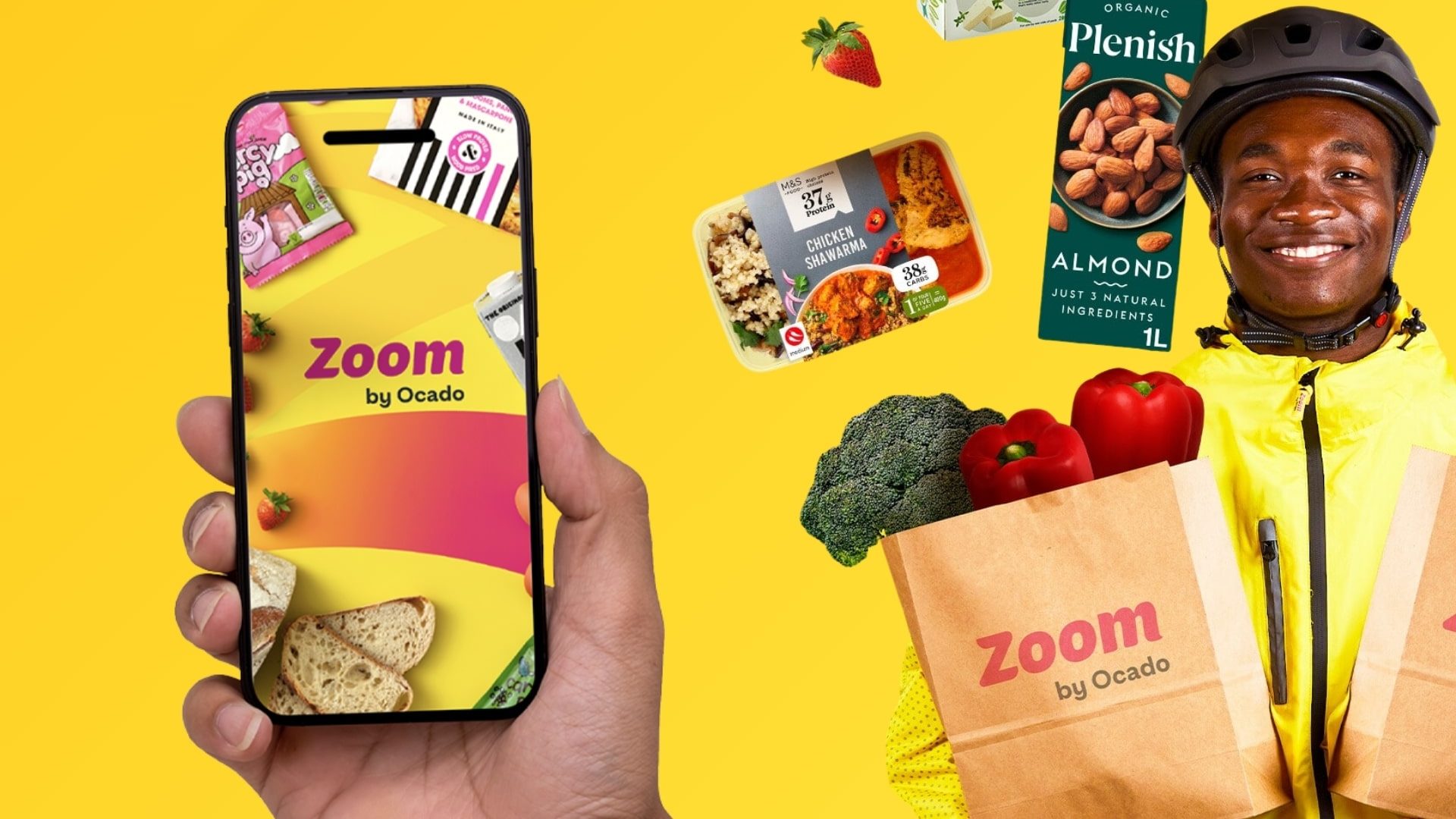 A hand holding a smartphone displaying the Zoom by Ocado app next to a delivery rider with groceries on a yellow background.