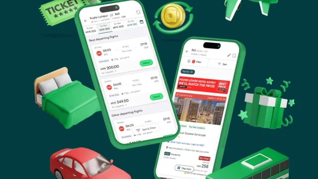 AirAsia MOVE app interface showing travel deals, flight bookings, and holiday savings on a mobile device screen.