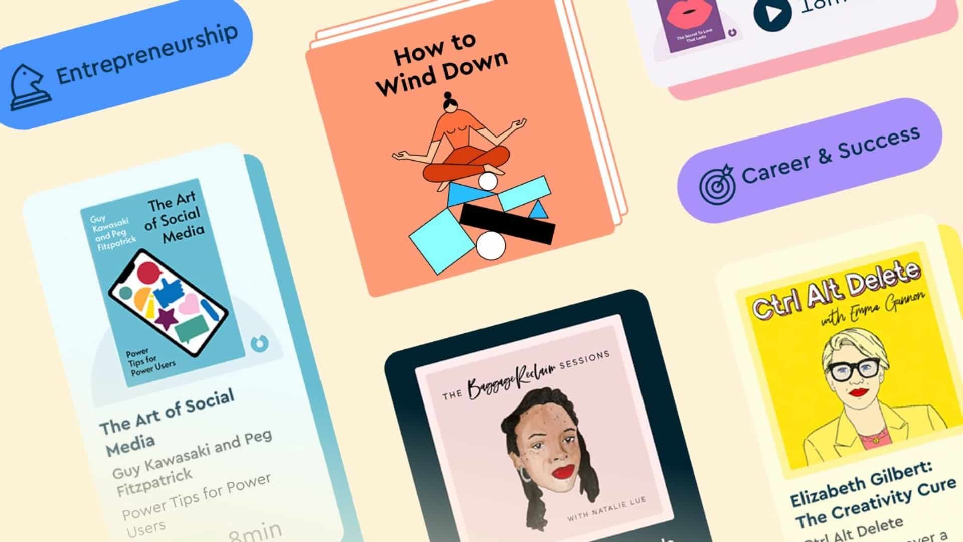 Blinkist app interface showing various book and podcast covers for personal development and career growth.