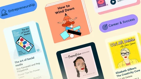 Blinkist app interface on a smartphone screen, showcasing book summaries and personal development audio programmes.