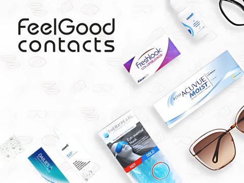 Feel Good Contacts: Woman smiling, holding contact lens case, with lens inserts. Shop contact lenses and save money.