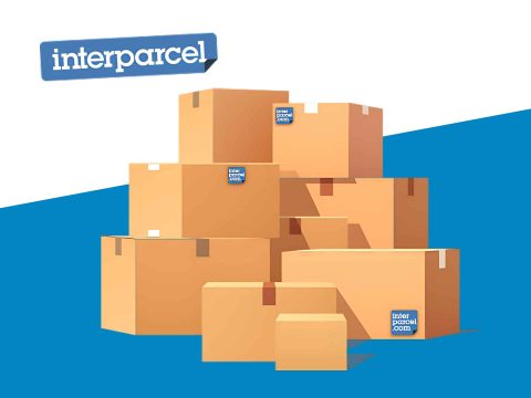 Interparcel logo on a branded background, showcasing parcel delivery and shipping services for businesses and individuals. Cheap shipping options available.
