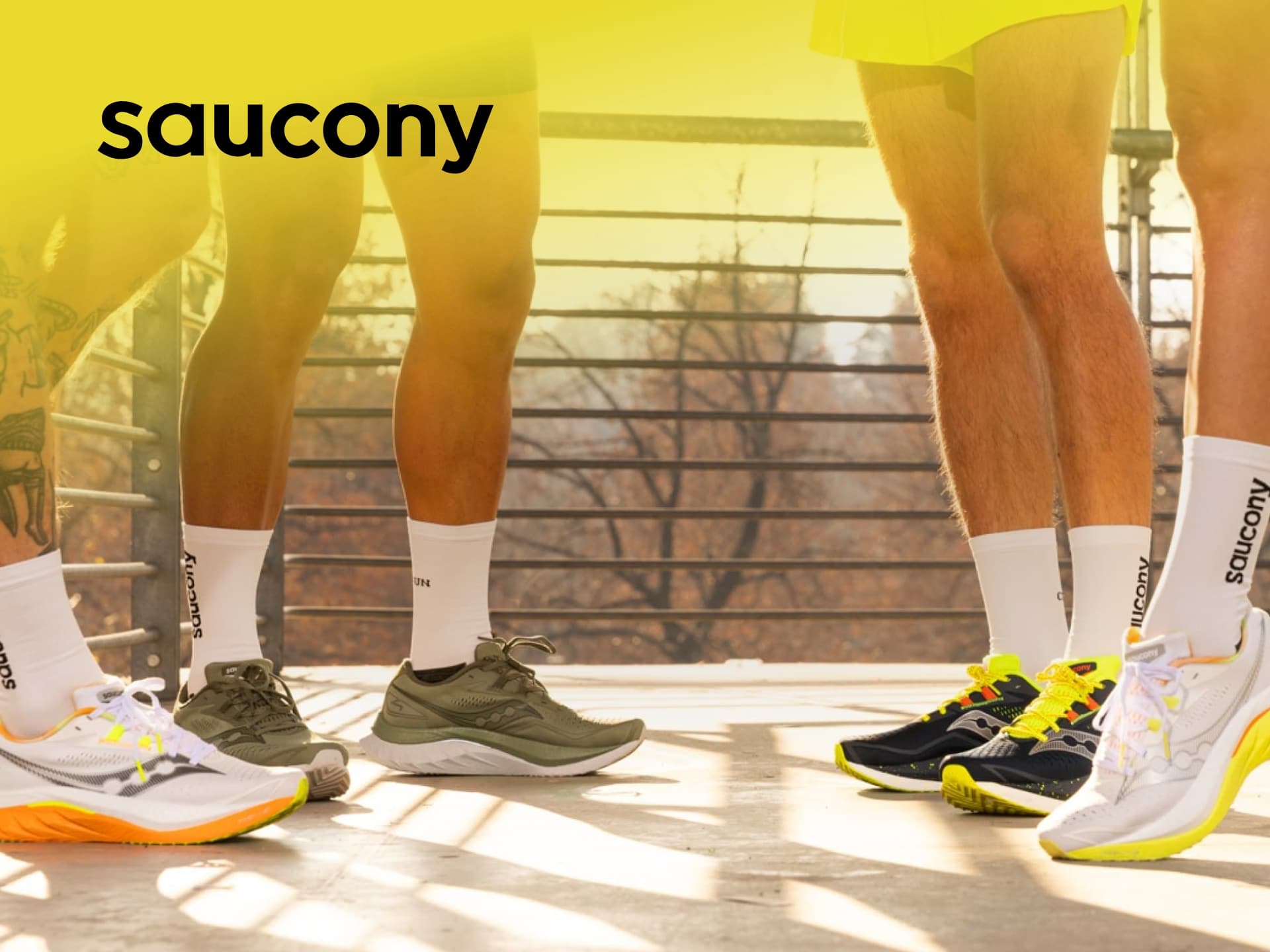 Saucony running shoes on a trail, showcasing the brand's performance and durability for runners. Shop Saucony athletic footwear.