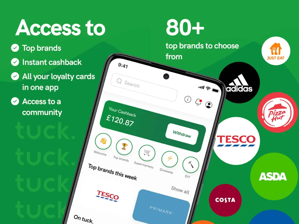 Tuck app interface showing exclusive shopping deals and savings on a smartphone screen for mobile users.