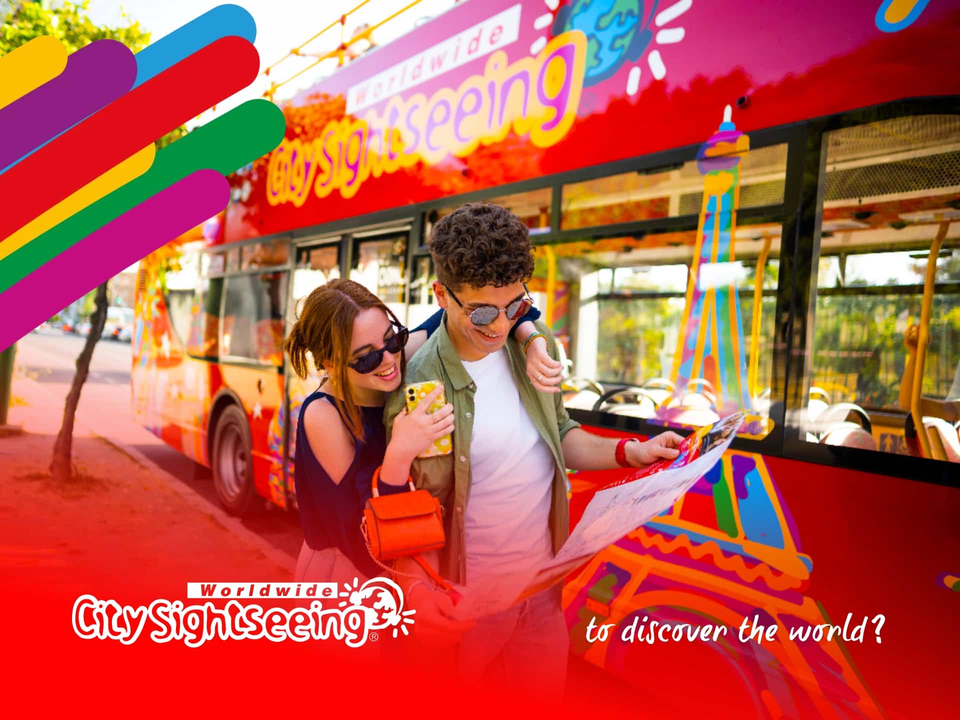 City Sightseeing Discount Code City Sightseeing red double-decker bus tour in a vibrant city with landmarks. Explore attractions, book tickets, and enjoy city tours.